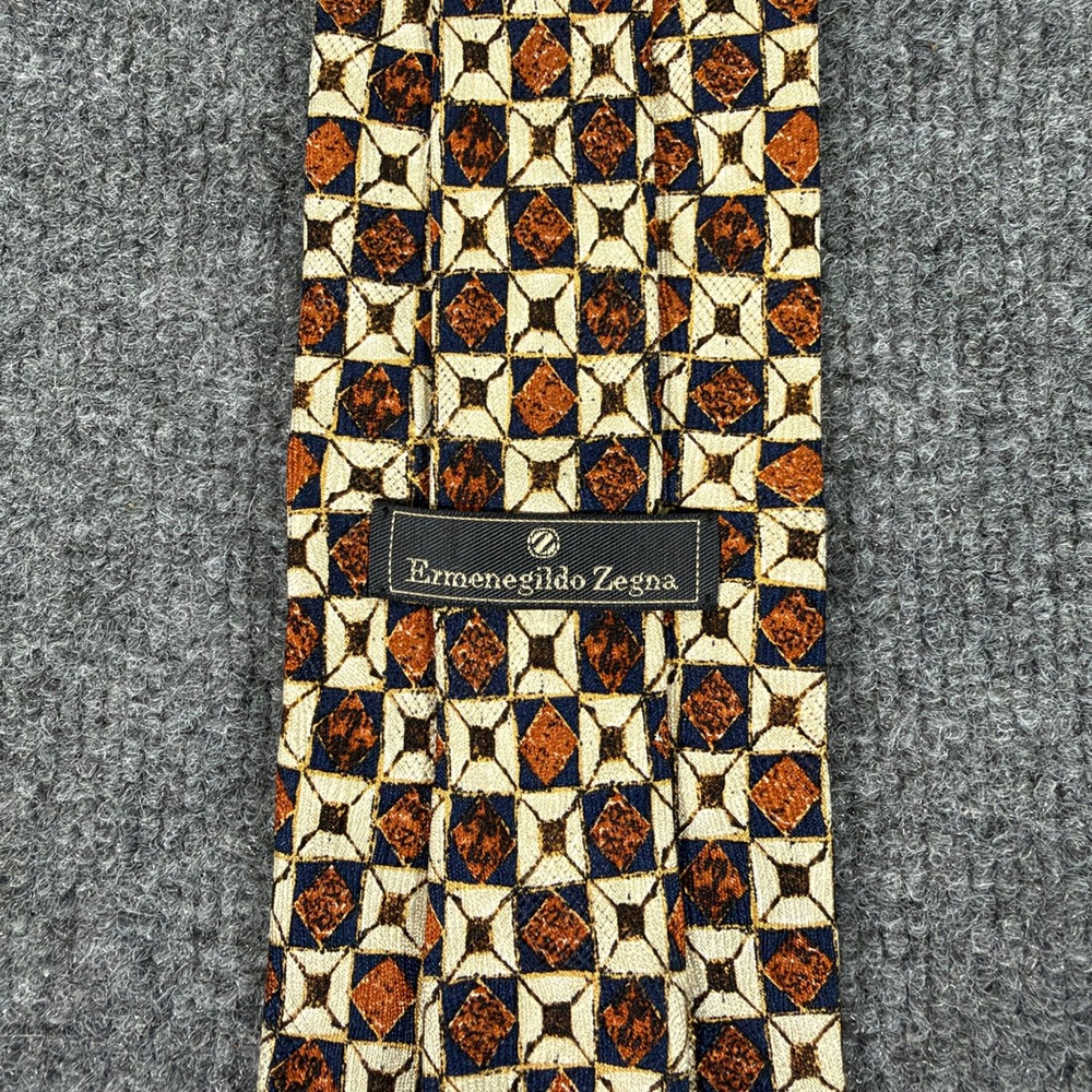 Ermenegildo Zegna Silk Tie Orange Blue Geometric Diamond Made in Italy #4932